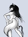  black_hair breasts female fortuna hair hand_on_hip long_hair looking_at_viewer looking_back plain_background solo tattoo whip white 