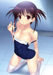  :o bare_shoulders blush brown_hair flat_chest highres kneeling one-piece_swimsuit pale_skin red_eyes saki school_swimsuit shiny shiny_clothes skindentation solo strap_pull strap_slip suzume_inui swimsuit thighhighs usuzumi_hatsumi 