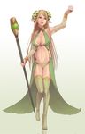  arm_up armpits bare_shoulders blonde_hair breasts bridal_gauntlets cleavage copyright_request elf flower full_body gloves green_eyes green_legwear hair_flower hair_ornament holding holding_staff large_breasts leg_up light_smile long_hair looking_to_the_side looking_up medium_breasts navel parted_lips pink_lips pointy_ears revealing_clothes simple_background solo staff standing standing_on_one_leg stomach takatsuki_kahiro thighhighs very_long_hair white_background white_gloves 
