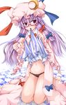  bespectacled black_panties bow crescent glasses groin hair_bow hat kneeling long_hair long_sleeves maineko_ruru navel panties patchouli_knowledge purple_eyes purple_hair solo touhou underwear very_long_hair wide_sleeves 