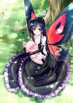  accel_world antenna_hair arita_haruyuki bare_shoulders black_hair blush butterfly_wings dress elbow_gloves frills gloves headband highres hika_(cross-angel) hug kuroyukihime long_hair pig red_eyes sitting wings 