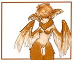 breasts brown_hair eyeshadow feathered_wings feathers harpy makeup miss_tron_bonne monster_girl navel original short_hair small_breasts smile solo wing_ears wings yellow_eyes 