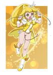  blonde_hair blush boots bottomless catheter cuffs cure_peace highres kise_yayoi magical_girl ogu_(oguogu) open_mouth pee peeing precure pussy smile smile_precure! solo yellow_eyes 