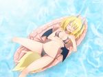  bat_wings bikini blonde_hair breasts cleavage from_above highres horns inflatable_raft long_hair maokyu md5_mismatch medium_breasts original sleeping solo swimsuit tail wings 