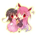  :d ;d animal_ears black_hair blush bunny_ears bunny_tail chibi clover dress fuuna_thise inaba_tewi long_hair looking_at_viewer multiple_girls necktie one_eye_closed open_mouth pink_hair red_eyes red_neckwear reisen_udongein_inaba shirt short_hair simple_background skirt smile tail touhou very_long_hair white_background 