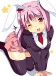  ;d all_fours animal_ears bad_id bad_pixiv_id black_legwear blush bunny_ears bunny_tail long_hair matatabi_maru necktie one_eye_closed open_mouth pink_hair red_eyes red_neckwear reisen_udongein_inaba simple_background skirt smile solo star tail thighhighs touhou white_background zettai_ryouiki 