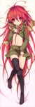  ahoge black_legwear blush dakimakura full_body highres long_hair lying navel on_back red_eyes red_hair roke school_uniform serafuku shakugan_no_shana shana shirt_lift skirt solo thighhighs thighhighs_pull very_long_hair zettai_ryouiki 