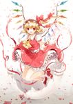  6u_(eternal_land) :d ascot bad_id bad_pixiv_id blonde_hair blush bow egg eggshell fang flandre_scarlet hat hat_bow legs_up open_mouth petals red_eyes red_ribbon ribbon short_hair side_ponytail skirt skirt_set smile solo touhou wings wrist_cuffs 