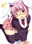  ;d all_fours animal_ears bespectacled black_legwear blush bunny_ears bunny_tail glasses long_hair matatabi_maru necktie one_eye_closed open_mouth pink_hair red-framed_eyewear red_eyes red_neckwear reisen_udongein_inaba simple_background skirt smile solo star tail thighhighs touhou white_background zettai_ryouiki 