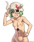  1girl areola areolae arrancar bare_shoulders belly_button bleach breasts collarbone female fingers green_hair hand_on_hip helmet hole hollow lilynette_gingerbuck looking_at_viewer midriff mound_of_venus naked navel nipples nude out-of-frame_censoring purple_eyes sefuart short_hair simple_background small_breasts smile solo speh standing teeth watermark web_address white_background 