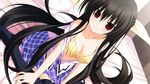  black_hair blush bra game_cg kuon_itsuki long_hair open_shirt red_eyes thighhighs tiny_dungeon underwear vell_sein 