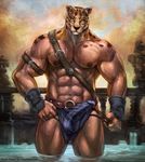  balls cheetahpaws feline jaguar loincloth looking_at_viewer male muscles penis solo spots topless 