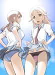  ass blonde_hair blue_panties bow bow_panties brown_hair hot long_hair looking_at_viewer looking_back miyamoto_konatsu multiple_girls necktie okita_sawa open_mouth panties skirt skirt_lift sweat tari_tari twintails ueyama_michirou underwear upskirt 