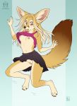  2017 anthro areola barefoot breasts canine claws clitoris clothed clothing clothing_lift digital_media_(artwork) ear_piercing edit female fennec fox genital_piercing gloves_(marking) inner_ear_fluff jumping kacey mammal markings nipples no_underwear open_mouth piercing presenting presenting_pussy pussy red_eyes shirt shirt_lift simple_background solo toe_claws upskirt 
