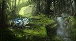  blue_feathers canine feathers forest hybrid mammal outside solo tatchit tree unknown_species water waterfall wood 