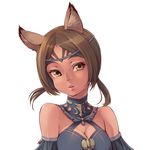  bare_shoulders breasts brown_hair cleavage face facial_mark final_fantasy final_fantasy_xi forehead_mark headband lips medium_breasts mithra short_hair short_twintails solo takatsuki_kahiro twintails upper_body white_background 