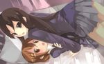  akiyama_mio black_eyes black_hair blush brown_hair hase_neet hime_cut hirasawa_yui k-on! long_hair lying multiple_girls open_mouth short_hair yuri 