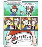  brown_hair comic crossover english_text female hair hat human male mammal nintendo not_furry o.o o_o pok&#233;ball pok&#233;mon pok&eacute;ball pok&eacute;mon portal_(series) shocked text trainer valve video_games 