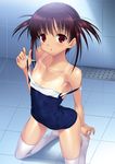  :o bare_shoulders blush brown_hair flat_chest highres kneeling one-piece_swimsuit red_eyes saki school_swimsuit shiny shiny_clothes skindentation solo strap_pull strap_slip suzume_inui swimsuit tan tanline thighhighs usuzumi_hatsumi 