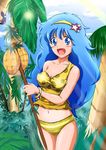  blue_eyes blue_hair blush bracelet cloud coconut day fang hairband holding jewelry long_hair mahou_no_yousei_persia marimon_m midriff navel open_mouth palm_tree panties persia_(mahou_no_yousei_persia) sky smile solo standing star striped striped_panties tank_top tree underwear underwear_only yellow_panties 