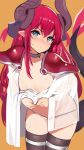  1girl arched_back armor blue_eyes blush breasts cape closed_mouth curled_horns dragon_girl dragon_horns dragon_tail elizabeth_bathory_(brave)_(fate) elizabeth_bathory_(fate)_(all) fate/extra fate/extra_ccc fate/grand_order fate_(series) horns long_hair looking_at_viewer nose_blush nude pink_hair pointy_ears red_armor ribbon shoulder_armor simple_background slm small_breasts solo standing tail thighhighs topless very_long_hair 