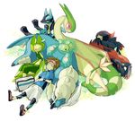  brown_hair flygon gen_3_pokemon gen_4_pokemon gen_5_pokemon grass green green_wings jacket kyouhei_(pokemon) leavanny lucario lying nakatani_nio pokemon pokemon_(creature) pokemon_(game) pokemon_bw2 reuniclus samurott short_hair sleeping visor_cap watch wings wristwatch zoroark 