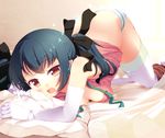  ayame_(komone_ushio) bad_id bad_pixiv_id black_hair blush breast_press breasts cleavage dress_shirt elbow_gloves gloves komone_ushio open_mouth original panties pillow red_eyes ribbon shirt shorts shorts_around_one_leg solo striped striped_panties tears thighhighs top-down_bottom-up twintails unbuttoned unbuttoned_shirt underwear white_gloves white_legwear 