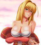  :p ahoge bare_shoulders blonde_hair breast_hold breasts bridal_gauntlets cleavage fate/extra fate_(series) green_eyes large_breasts long_hair md5_mismatch nero_claudius_(fate) nero_claudius_(fate)_(all) off_shoulder solo soranitoriga tongue tongue_out 