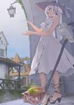  architecture bare_shoulders bird blue_eyes breasts building dress flower from_below hat highres long_hair mabinogi medium_breasts nao_(mabinogi) owl pig ponytail rain sandals sleeping solo staff sun_hat sundress toro_(konirio) wet white_dress white_hair 