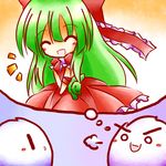  &gt;:) alternate_hairstyle arm_ribbon blush bow chibi closed_eyes green_hair hair_bow hair_ribbon kagiyama_hina kedama long_hair o_o open_mouth ribbon smile solo tilde_(ice_cube) touhou v-shaped_eyebrows very_long_hair |_| 