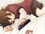  brown_hair closed_eyes handa_shin'ichi handheld_game_console inazuma_eleven inazuma_eleven_(series) male_focus nintendo_ds on_bed open_mouth pecoe sleeping solo 