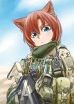  animal_ears aridfleck_(camo) assault_rifle blue_eyes cat_ears didloaded eotech g36 gun load_bearing_vest military military_operator military_uniform open_mouth original radio red_hair rifle scarf short_hair uniform weapon 