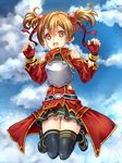  black_legwear breastplate brown_hair cloud day fingerless_gloves gloves jumping makirin open_mouth red_eyes short_twintails silica sky solo sword_art_online thighhighs twintails 