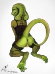 anthro anus backsack balls bedroom_eyes butt clothed clothing crossdressing half-closed_eyes legwear looking_back male naughty_face onde.pingvin presenting presenting_anus presenting_hindquarters raised_tail reptile scalie seductive smile solo stockings thedeadtiger 