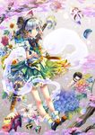  belt bow cherry_blossoms comb doll flower fox_mask green_eyes hair_ribbon highres hitodama hydrangea kabutoyama kokeshi konpaku_youmu konpaku_youmu_(ghost) lily_(flower) mary_janes mask puffy_sleeves ribbon shoes short_hair short_sleeves silver_hair solo standing sword touhou weapon 