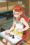  arcade_stick bare_shoulders blue_eyes breasts brown_hair chair controller english game_controller glasses go_robots grin gym_shorts hairband highres hori_(company) joystick long_hair no_bra office_chair one_eye_closed original parted_lips playing_games profanity red-framed_eyewear semi-rimless_eyewear shorts sitting small_breasts smile solo tissue tissue_box under-rim_eyewear 