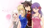  ahoge arm_around_shoulder artoria_pendragon_(all) blonde_hair brown_hair casual checkered checkered_dress dress fate/stay_night fate_(series) green_eyes hair_ribbon happy illyasviel_von_einzbern long_hair matou_sakura multiple_girls one_eye_closed purple_eyes purple_hair red_eyes ribbon saber siblings sisters toosaka_rin tusia two_side_up white_hair 