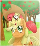  apple apple_bloom_(mlp) applebloom_(mlp) applejack_(mlp) blonde_hair couple cowboy_hat cub cutie_mark equine female feral friendship_is_magic fruit green_eyes hair hat horse inuhoshi-to-darkpen mammal my_little_pony outside pony red_hair sky smile tree wood young 