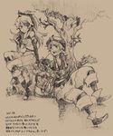  1girl adelle_(fft) armor bare_shoulders belt beret detached_sleeves final_fantasy final_fantasy_tactics_a2 final_fantasy_tactics_advance food fruit grass hat long_hair luso_clemens michibata_65 monochrome open_mouth ponytail ribbon sitting skirt smile talking translation_request tree 