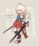  ahoge armor bangs blonde_hair blue_eyes boots brown_background bug butterfly character_name child copyright_name dual_wielding final_fantasy final_fantasy_tactics_advance fingerless_gloves gloves holding insect male_focus marche_radiuju shima_h shorts solo sword weapon 