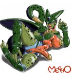  breasts cell cell_(dragonball) claws dickgirl dragon_ball dragon_ball_z erect_nipples erection evil green_skin herm intersex invalid_tag lying mechogama nipples nude on_side penis plain_background pussy smile solo toe_claws vein white_background 