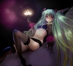  belly bra dot_r elbow_gloves flower garter_straps gloves green_hair hatsune_miku long_hair looking_at_viewer lying navel solo thighhighs twintails underwear very_long_hair vocaloid 