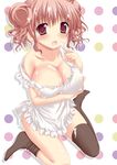  apron breasts cleavage covered_nipples cream double_bun hidamari_sketch hiro kneeling kuriki_(chestnut_tree) large_breasts naked_apron pink_eyes pink_hair 
