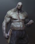  3d abs bald bandages blood blood_stain clenched_hands doe eyepatch looking_at_viewer male_focus muscle navel realistic sagat scar shorts simple_background solo street_fighter veins 