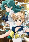  bishoujo_senshi_sailor_moon blonde_hair blue_choker blue_eyes blue_sailor_collar bow choker gloves green_eyes green_hair kaiou_michiru long_hair magical_girl mizuki_mario multiple_girls outer_senshi ribbon sailor_collar sailor_neptune sailor_senshi sailor_senshi_uniform sailor_uranus short_hair space_sword sword ten'ou_haruka tiara very_short_hair water weapon white_gloves yellow_bow 