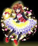  black_legwear blue_eyes bow brown_hair crown dress fang maria_(umineko) neon_ui open_mouth pantyhose sakutarou short_hair skirt_hold sparkle star umineko_no_naku_koro_ni 