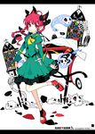 ahoge animal_ears braid cat_ears cat_tail extra_ears ghost highres ideolo kaenbyou_rin looking_at_viewer mismatched_footwear multiple_tails nekomata pointy_ears red_eyes red_hair skull smile solo tail touhou twin_braids 