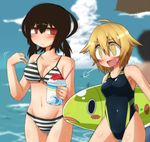  2girls ahoge bare_shoulders bikini black_hair blonde_hair blush breast_envy breasts cleavage competition_swimsuit frown kibana_tsuitachi konohana_saku large_breasts mel_(kibana_tsuitachi) multiple_girls navel one-piece_swimsuit open_mouth original red_eyes shaved_ice short_hair short_twintails slit_pupils smile stripe_(kibana_tsuitachi) striped striped_bikini striped_swimsuit swimsuit twintails yellow_eyes 