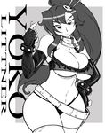  absurdres bikini breasts come_hither elbow_gloves gloves hair_ornament hand_on_hip highres large_breasts long_hair monochrome ponytail scarf shonuff44 smile solo swimsuit tengen_toppa_gurren_lagann thong_bikini wide_hips yoko_littner 