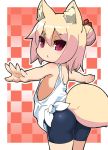  1girl :&lt; animal_ear_fluff animal_ears ass bangs bare_arms bare_shoulders bike_shorts blue_shorts blush borrowed_character checkered checkered_background commentary_request cosplay eyebrows_visible_through_hair fox_ears fox_girl fox_tail fukurou_(owl222) hair_between_eyes hair_bun hair_ornament highres hinata_channel kemomimi-chan_(naga_u) looking_at_viewer looking_to_the_side nekomiya_hinata nekomiya_hinata_(cosplay) original outstretched_arms parted_lips red_eyes short_shorts shorts sidelocks solo spread_arms tail tank_top triangle_mouth v-shaped_eyebrows virtual_youtuber white_tank_top 